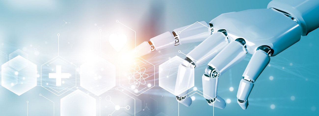 Futuristic AI robot hand on a blue background