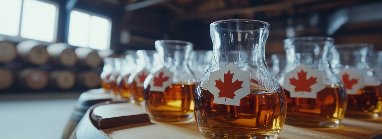 A row of maple syrup glasses with Canadian flag stickers on them