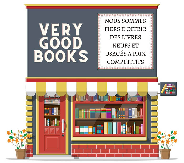 Image: A bookstore with the trademark name of VERY GOOD BOOKS and a French description of the business next to it