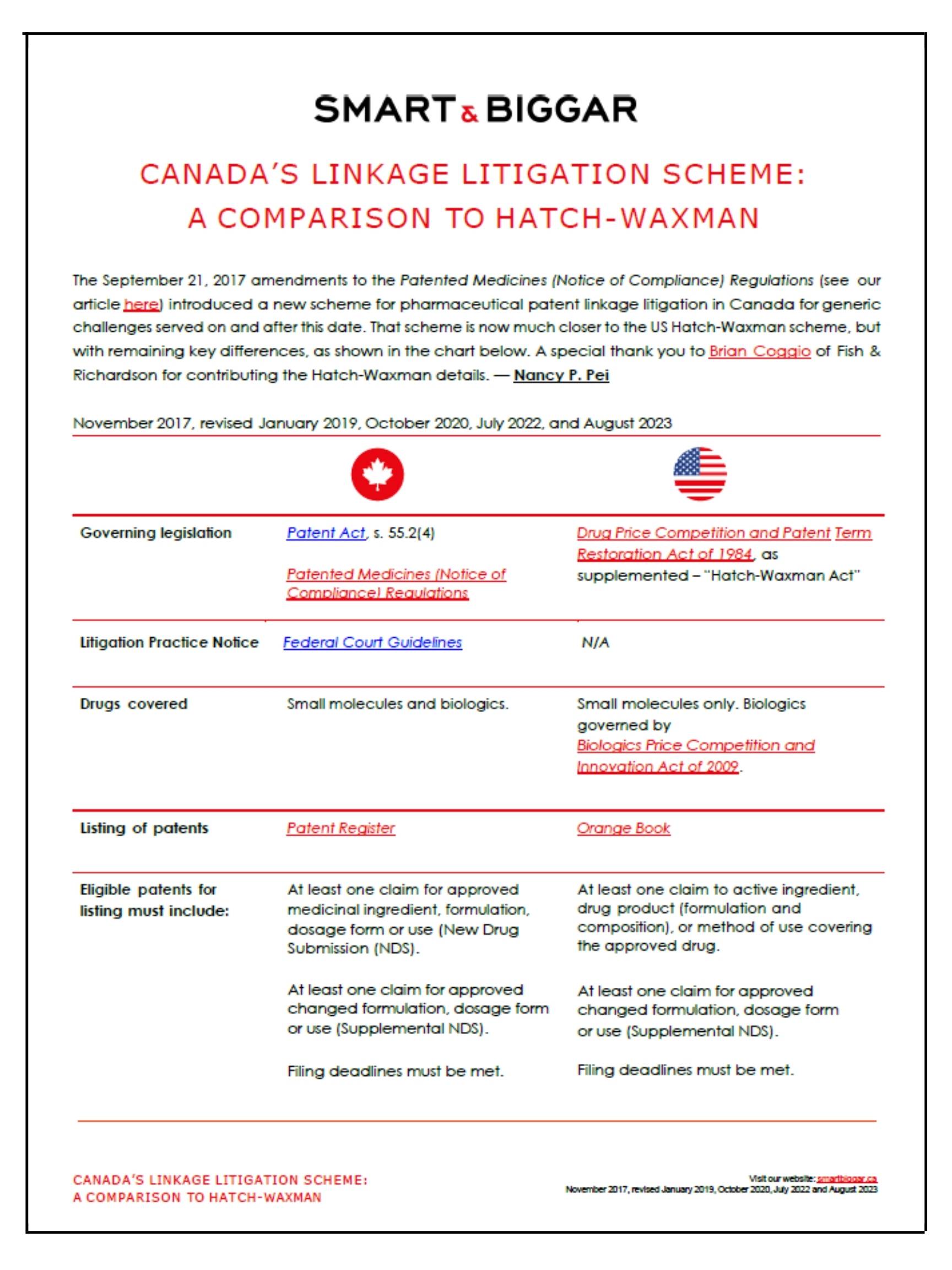 CANADA’S NEW LINKAGE LITIGATION SCHEME: A COMPARISON TO HATCH-WAXMAN